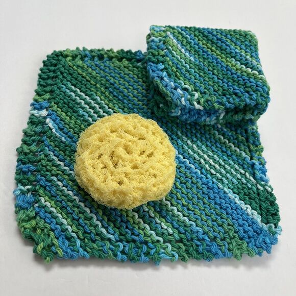 Hand Knit Dish Cloth Set of 2 Plus Scrubbie 100% Cotton Multicolor Green Yellow - Picture 1 of 7